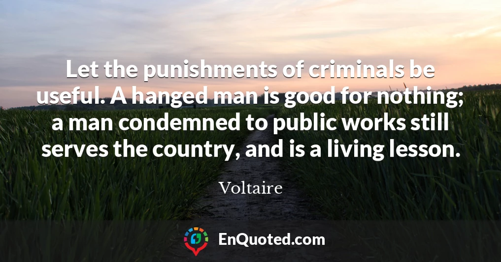 Let the punishments of criminals be useful. A hanged man is good for nothing; a man condemned to public works still serves the country, and is a living lesson.