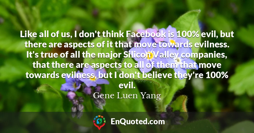 Like all of us, I don't think Facebook is 100% evil, but there are aspects of it that move towards evilness. It's true of all the major Silicon Valley companies, that there are aspects to all of them that move towards evilness, but I don't believe they're 100% evil.