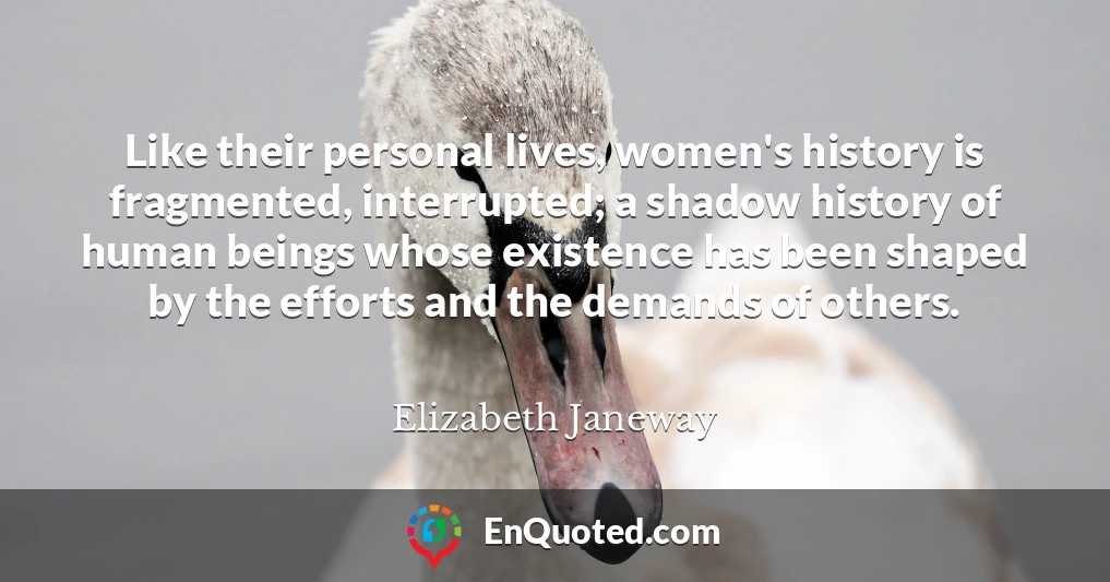 Like their personal lives, women's history is fragmented, interrupted; a shadow history of human beings whose existence has been shaped by the efforts and the demands of others.