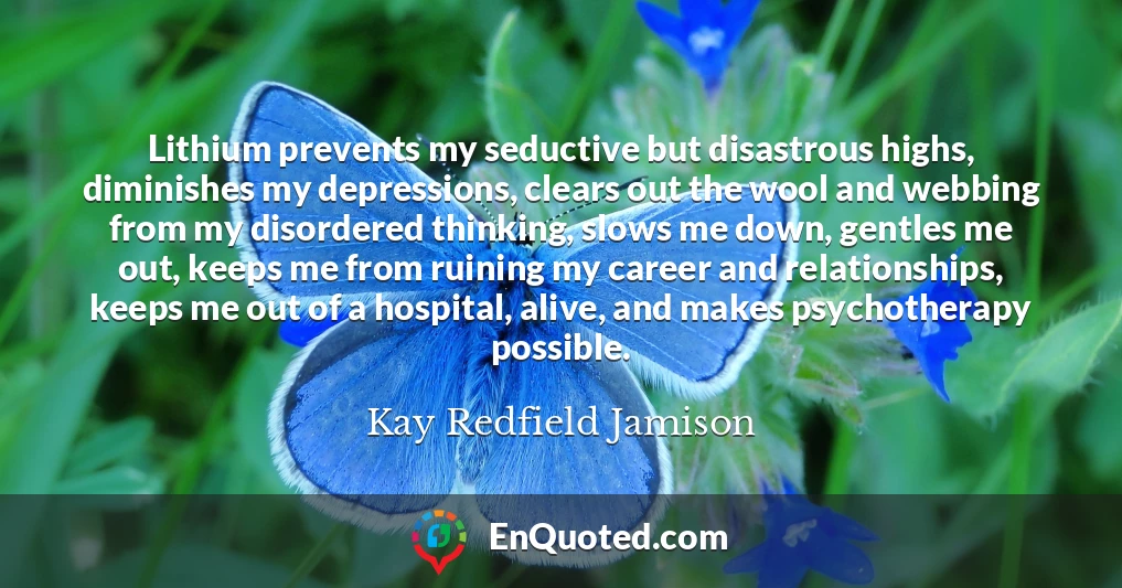 Lithium prevents my seductive but disastrous highs, diminishes my depressions, clears out the wool and webbing from my disordered thinking, slows me down, gentles me out, keeps me from ruining my career and relationships, keeps me out of a hospital, alive, and makes psychotherapy possible.
