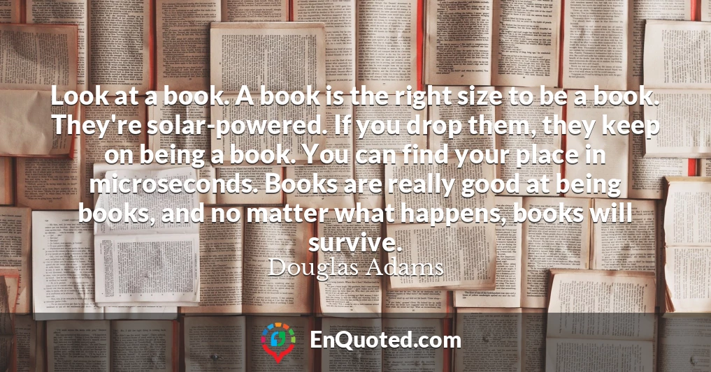 Look at a book. A book is the right size to be a book. They're solar-powered. If you drop them, they keep on being a book. You can find your place in microseconds. Books are really good at being books, and no matter what happens, books will survive.