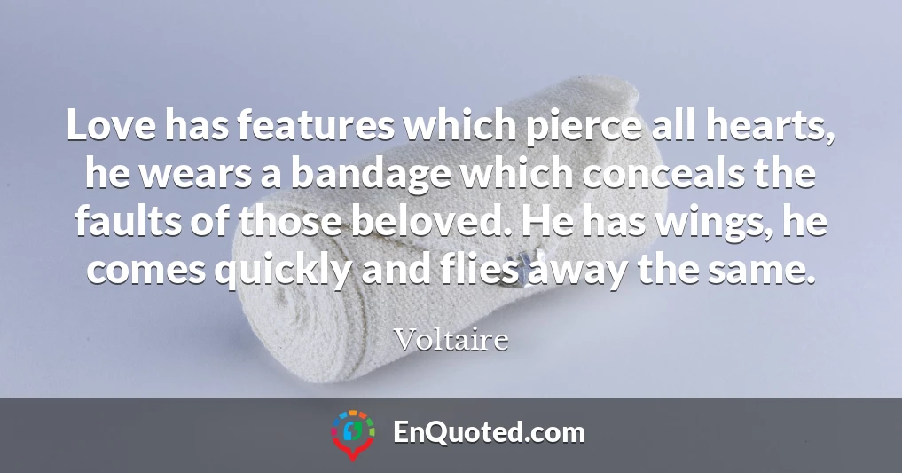 Love has features which pierce all hearts, he wears a bandage which conceals the faults of those beloved. He has wings, he comes quickly and flies away the same.