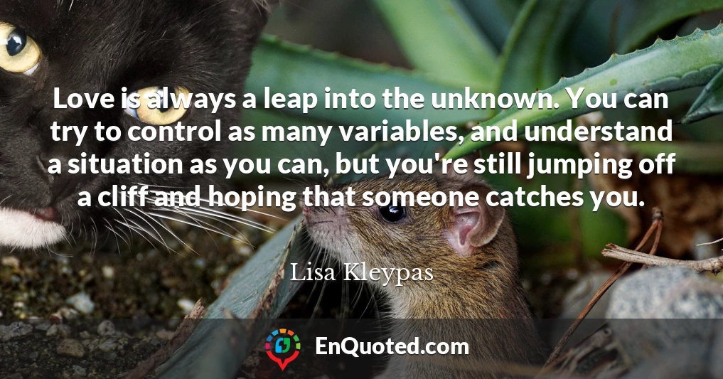Love is always a leap into the unknown. You can try to control as many variables, and understand a situation as you can, but you're still jumping off a cliff and hoping that someone catches you.