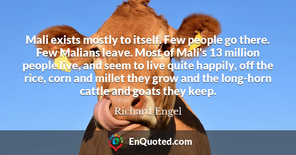 Mali exists mostly to itself. Few people go there. Few Malians leave. Most of Mali's 13 million people live, and seem to live quite happily, off the rice, corn and millet they grow and the long-horn cattle and goats they keep.