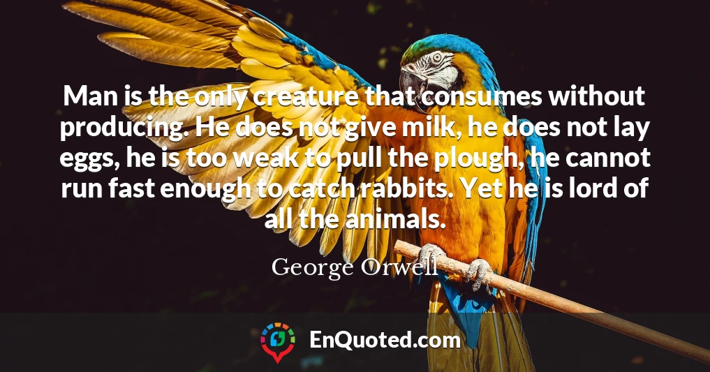 Man is the only creature that consumes without producing. He does not give milk, he does not lay eggs, he is too weak to pull the plough, he cannot run fast enough to catch rabbits. Yet he is lord of all the animals.