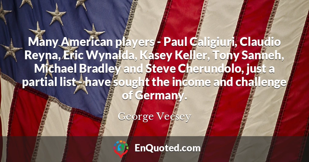 Many American players - Paul Caligiuri, Claudio Reyna, Eric Wynalda, Kasey Keller, Tony Sanneh, Michael Bradley and Steve Cherundolo, just a partial list - have sought the income and challenge of Germany.