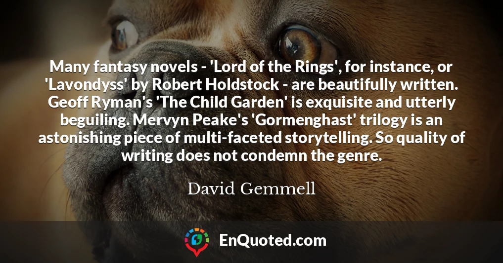 Many fantasy novels - 'Lord of the Rings', for instance, or 'Lavondyss' by Robert Holdstock - are beautifully written. Geoff Ryman's 'The Child Garden' is exquisite and utterly beguiling. Mervyn Peake's 'Gormenghast' trilogy is an astonishing piece of multi-faceted storytelling. So quality of writing does not condemn the genre.