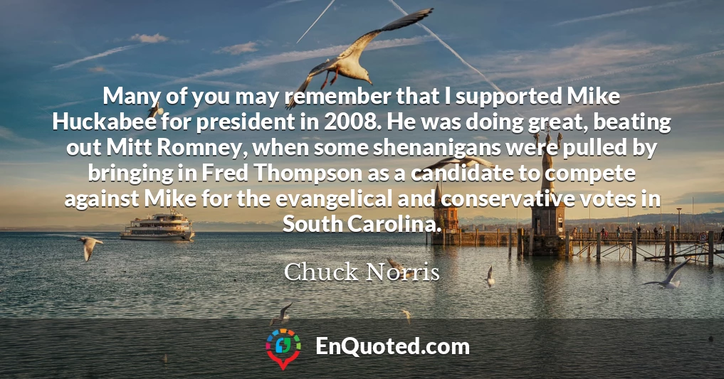 Many of you may remember that I supported Mike Huckabee for president in 2008. He was doing great, beating out Mitt Romney, when some shenanigans were pulled by bringing in Fred Thompson as a candidate to compete against Mike for the evangelical and conservative votes in South Carolina.