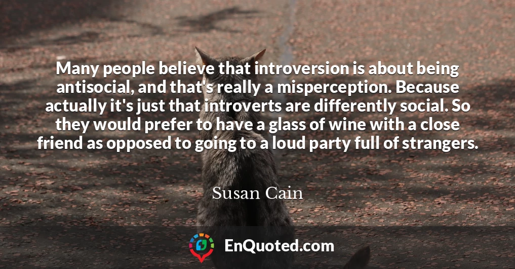 Many people believe that introversion is about being antisocial, and that's really a misperception. Because actually it's just that introverts are differently social. So they would prefer to have a glass of wine with a close friend as opposed to going to a loud party full of strangers.