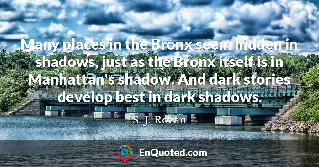 Many places in the Bronx seem hidden in shadows, just as the Bronx itself is in Manhattan's shadow. And dark stories develop best in dark shadows.