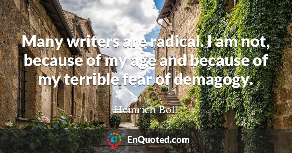 Many writers are radical. I am not, because of my age and because of my terrible fear of demagogy.