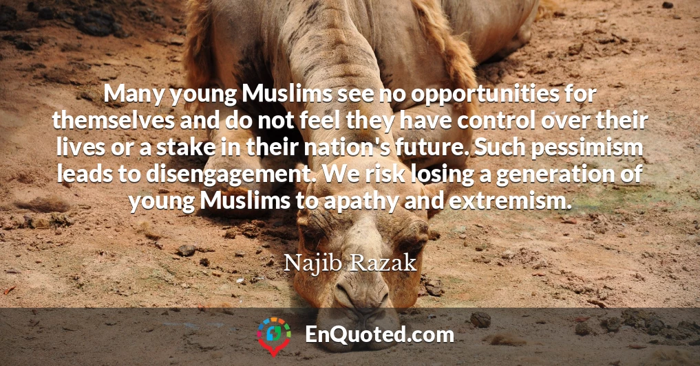 Many young Muslims see no opportunities for themselves and do not feel they have control over their lives or a stake in their nation's future. Such pessimism leads to disengagement. We risk losing a generation of young Muslims to apathy and extremism.
