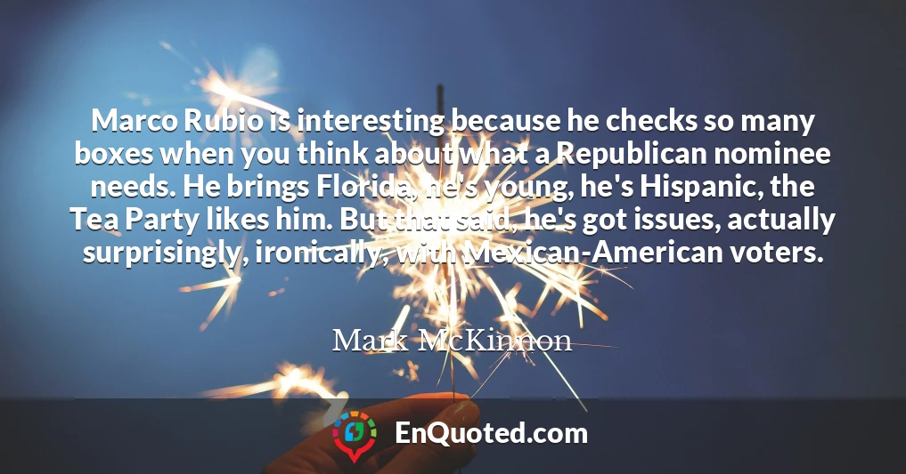 Marco Rubio is interesting because he checks so many boxes when you think about what a Republican nominee needs. He brings Florida, he's young, he's Hispanic, the Tea Party likes him. But that said, he's got issues, actually surprisingly, ironically, with Mexican-American voters.