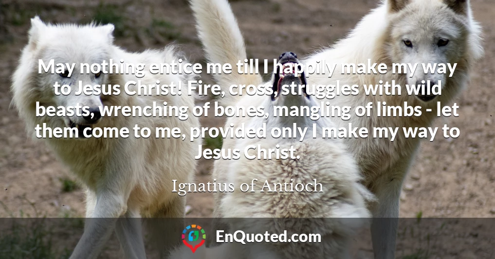 May nothing entice me till I happily make my way to Jesus Christ! Fire, cross, struggles with wild beasts, wrenching of bones, mangling of limbs - let them come to me, provided only I make my way to Jesus Christ.