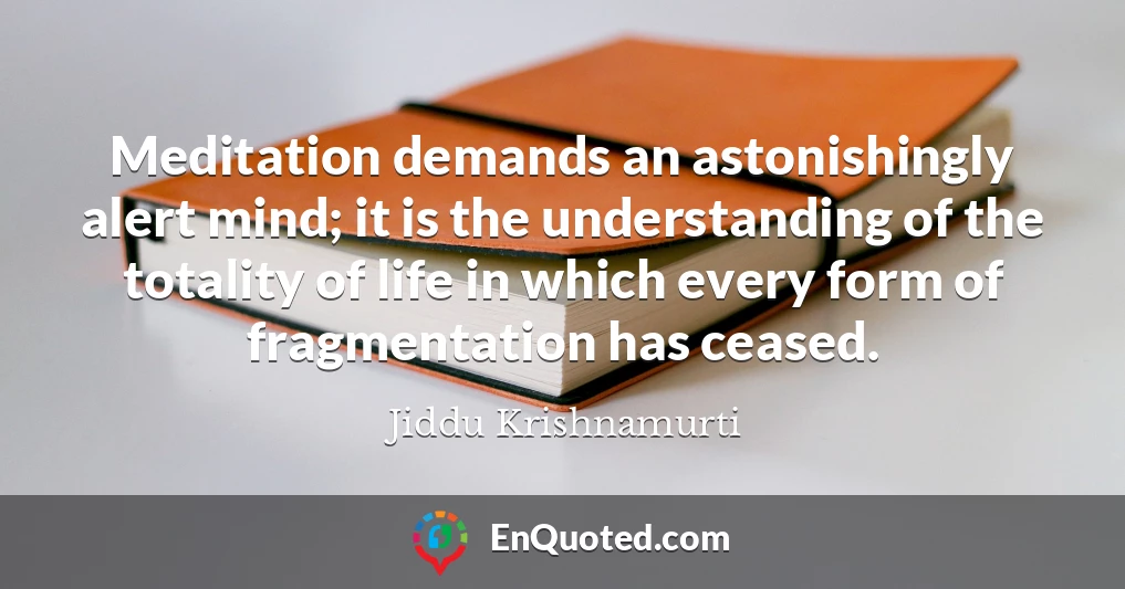 Meditation demands an astonishingly alert mind; it is the understanding of the totality of life in which every form of fragmentation has ceased.