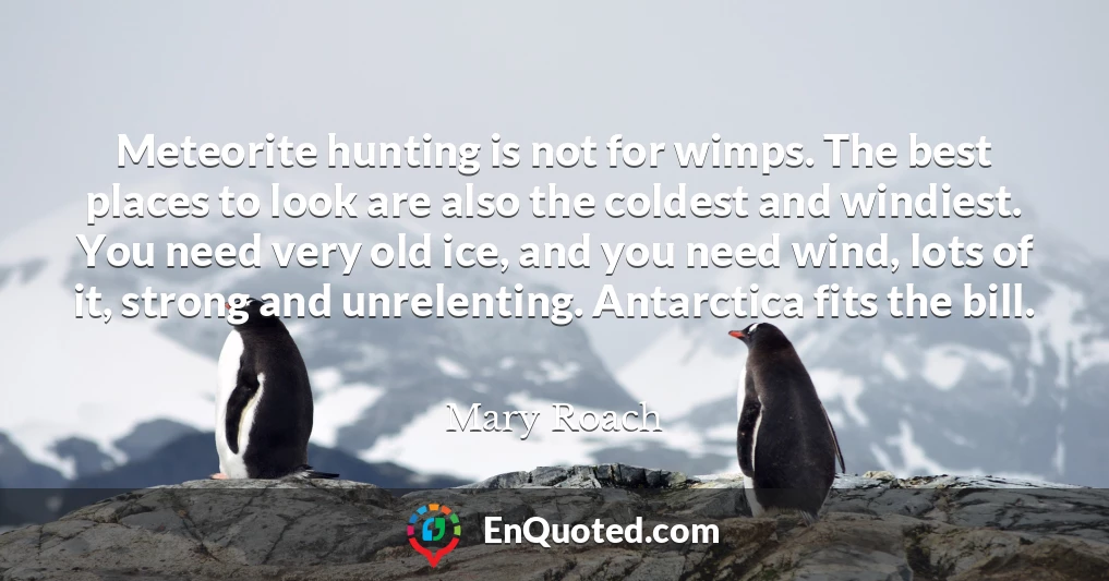 Meteorite hunting is not for wimps. The best places to look are also the coldest and windiest. You need very old ice, and you need wind, lots of it, strong and unrelenting. Antarctica fits the bill.