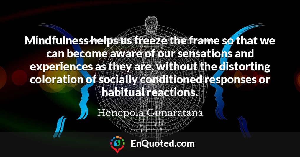 Mindfulness helps us freeze the frame so that we can become aware of our sensations and experiences as they are, without the distorting coloration of socially conditioned responses or habitual reactions.