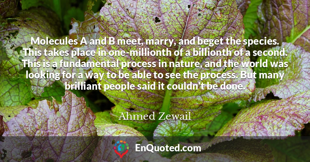 Molecules A and B meet, marry, and beget the species. This takes place in one-millionth of a billionth of a second. This is a fundamental process in nature, and the world was looking for a way to be able to see the process. But many brilliant people said it couldn't be done.