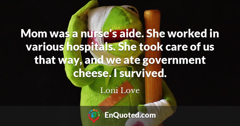 Mom was a nurse's aide. She worked in various hospitals. She took care of us that way, and we ate government cheese. I survived.