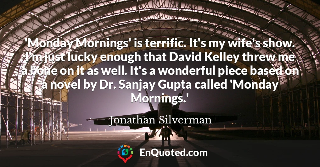 'Monday Mornings' is terrific. It's my wife's show. I'm just lucky enough that David Kelley threw me a bone on it as well. It's a wonderful piece based on a novel by Dr. Sanjay Gupta called 'Monday Mornings.'