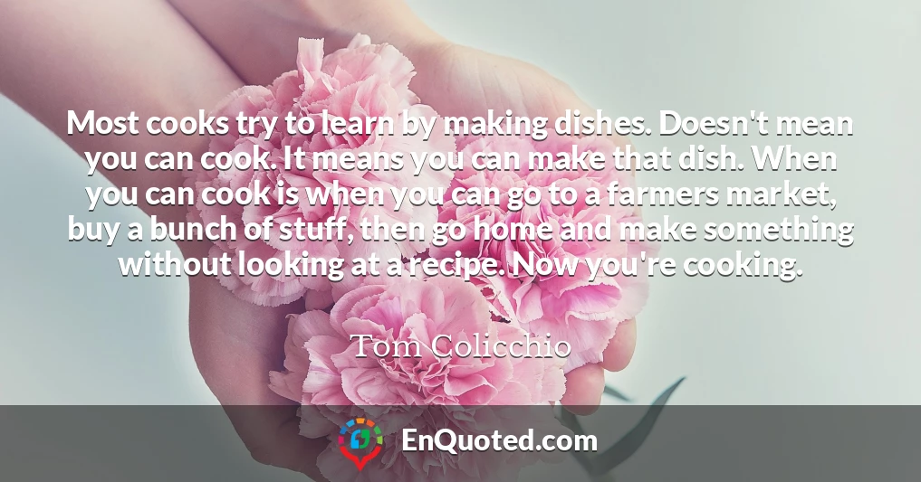 Most cooks try to learn by making dishes. Doesn't mean you can cook. It means you can make that dish. When you can cook is when you can go to a farmers market, buy a bunch of stuff, then go home and make something without looking at a recipe. Now you're cooking.