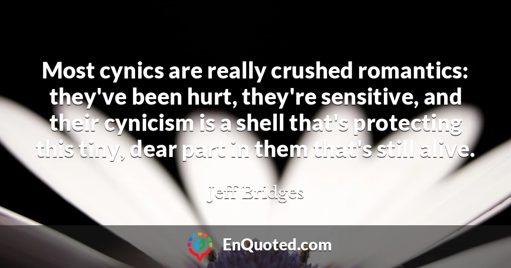 Most cynics are really crushed romantics: they've been hurt, they're sensitive, and their cynicism is a shell that's protecting this tiny, dear part in them that's still alive.