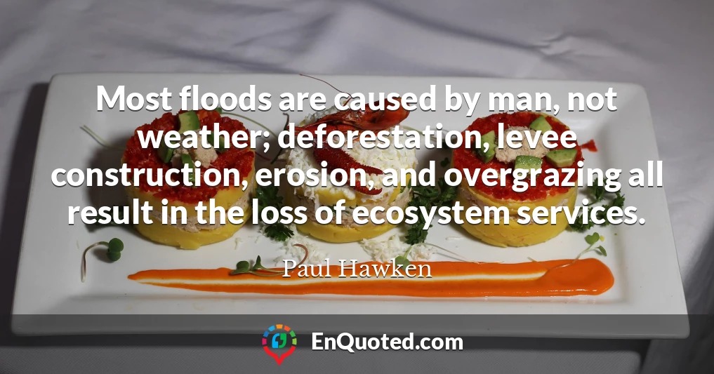 Most floods are caused by man, not weather; deforestation, levee construction, erosion, and overgrazing all result in the loss of ecosystem services.