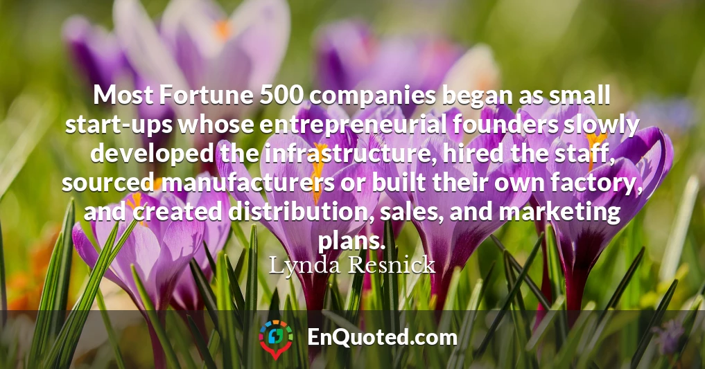 Most Fortune 500 companies began as small start-ups whose entrepreneurial founders slowly developed the infrastructure, hired the staff, sourced manufacturers or built their own factory, and created distribution, sales, and marketing plans.