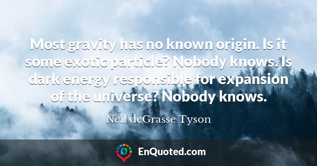 Most gravity has no known origin. Is it some exotic particle? Nobody knows. Is dark energy responsible for expansion of the universe? Nobody knows.