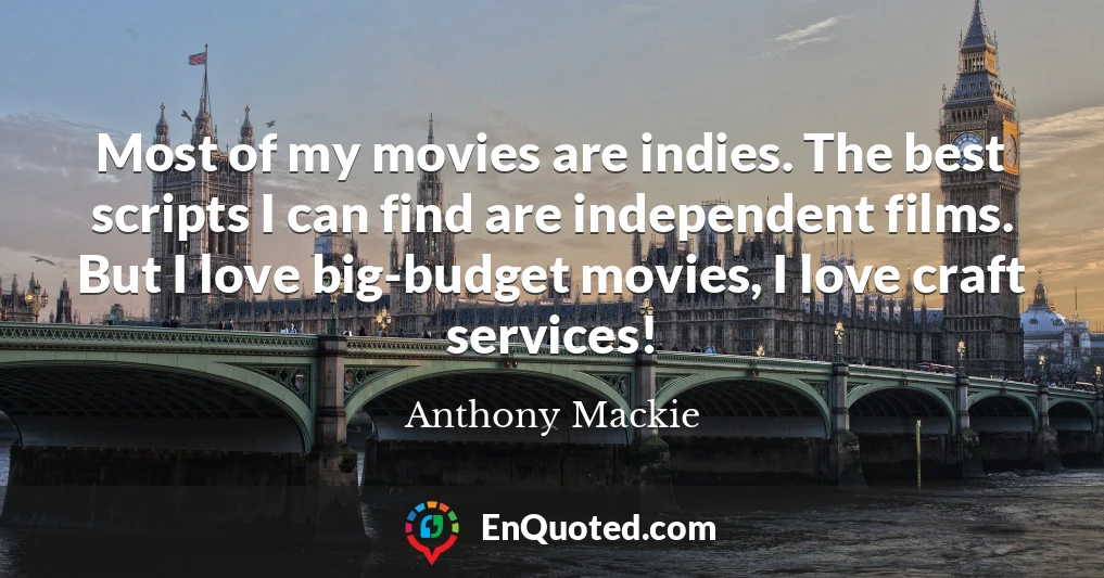 Most of my movies are indies. The best scripts I can find are independent films. But I love big-budget movies, I love craft services!