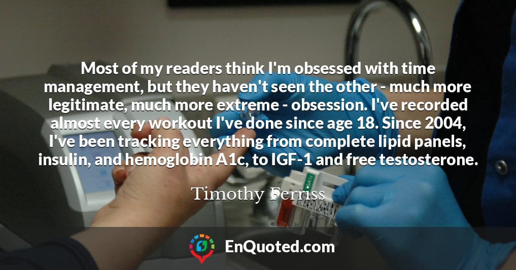 Most of my readers think I'm obsessed with time management, but they haven't seen the other - much more legitimate, much more extreme - obsession. I've recorded almost every workout I've done since age 18. Since 2004, I've been tracking everything from complete lipid panels, insulin, and hemoglobin A1c, to IGF-1 and free testosterone.