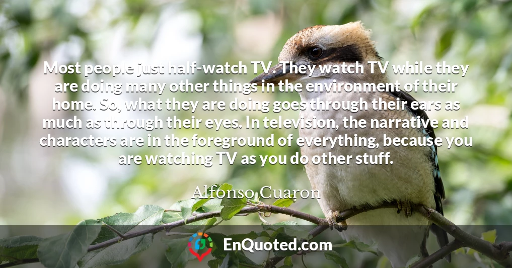 Most people just half-watch TV. They watch TV while they are doing many other things in the environment of their home. So, what they are doing goes through their ears as much as through their eyes. In television, the narrative and characters are in the foreground of everything, because you are watching TV as you do other stuff.
