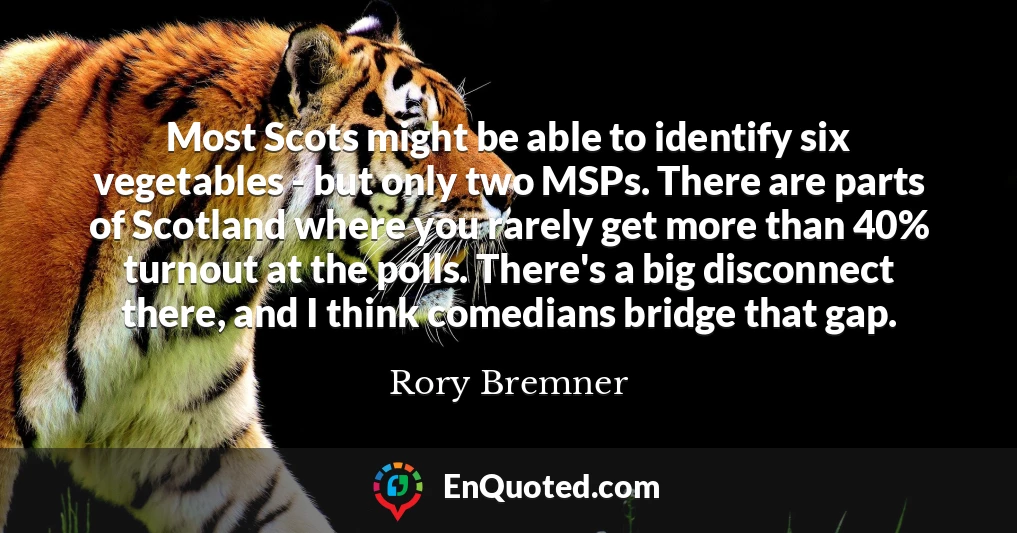 Most Scots might be able to identify six vegetables - but only two MSPs. There are parts of Scotland where you rarely get more than 40% turnout at the polls. There's a big disconnect there, and I think comedians bridge that gap.