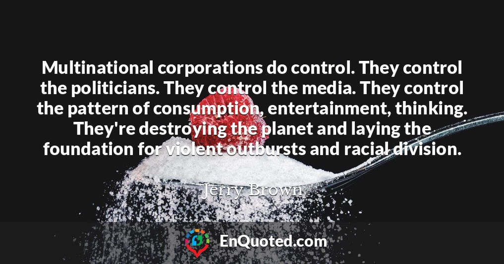Multinational corporations do control. They control the politicians. They control the media. They control the pattern of consumption, entertainment, thinking. They're destroying the planet and laying the foundation for violent outbursts and racial division.