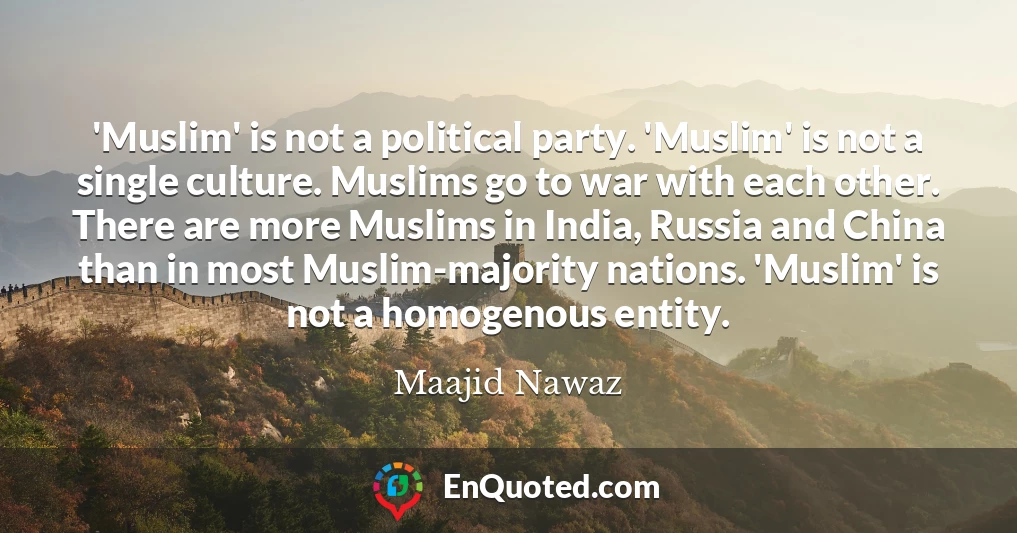 'Muslim' is not a political party. 'Muslim' is not a single culture. Muslims go to war with each other. There are more Muslims in India, Russia and China than in most Muslim-majority nations. 'Muslim' is not a homogenous entity.