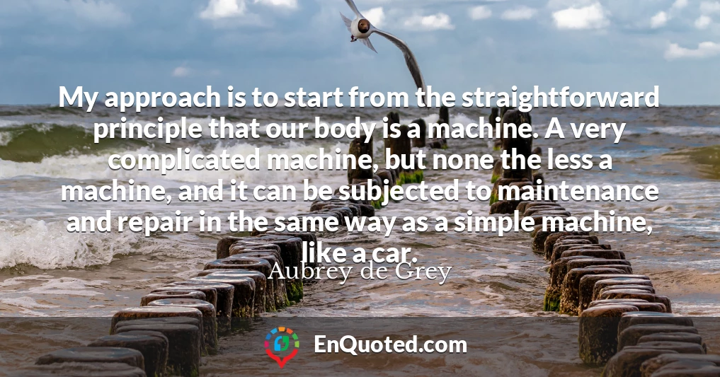 My approach is to start from the straightforward principle that our body is a machine. A very complicated machine, but none the less a machine, and it can be subjected to maintenance and repair in the same way as a simple machine, like a car.