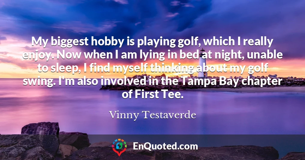 My biggest hobby is playing golf, which I really enjoy. Now when I am lying in bed at night, unable to sleep, I find myself thinking about my golf swing. I'm also involved in the Tampa Bay chapter of First Tee.