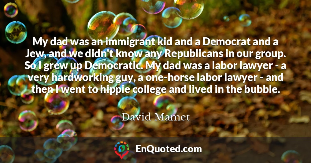 My dad was an immigrant kid and a Democrat and a Jew, and we didn't know any Republicans in our group. So I grew up Democratic. My dad was a labor lawyer - a very hardworking guy, a one-horse labor lawyer - and then I went to hippie college and lived in the bubble.