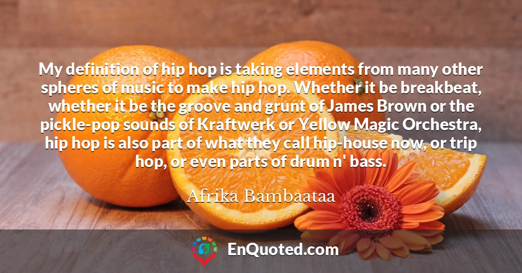My definition of hip hop is taking elements from many other spheres of music to make hip hop. Whether it be breakbeat, whether it be the groove and grunt of James Brown or the pickle-pop sounds of Kraftwerk or Yellow Magic Orchestra, hip hop is also part of what they call hip-house now, or trip hop, or even parts of drum n' bass.