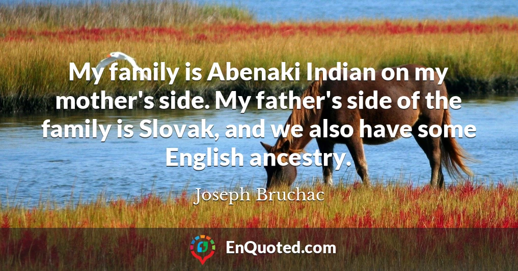 My family is Abenaki Indian on my mother's side. My father's side of the family is Slovak, and we also have some English ancestry.