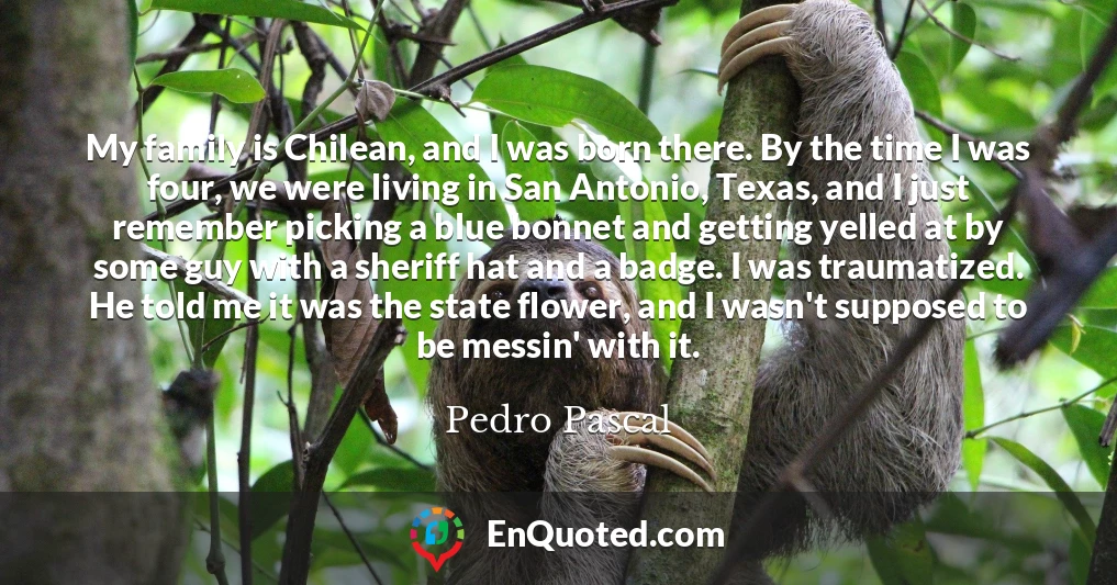 My family is Chilean, and I was born there. By the time I was four, we were living in San Antonio, Texas, and I just remember picking a blue bonnet and getting yelled at by some guy with a sheriff hat and a badge. I was traumatized. He told me it was the state flower, and I wasn't supposed to be messin' with it.