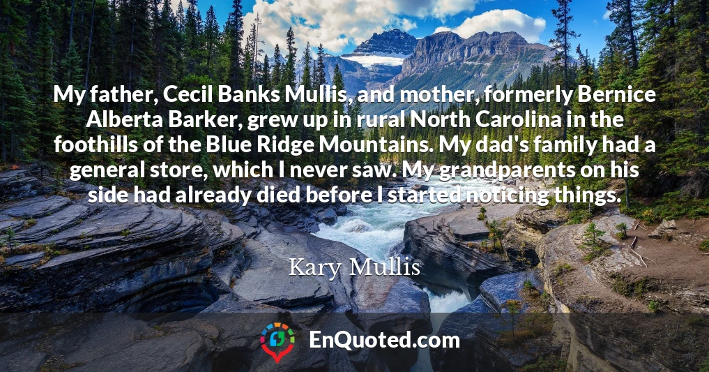 My father, Cecil Banks Mullis, and mother, formerly Bernice Alberta Barker, grew up in rural North Carolina in the foothills of the Blue Ridge Mountains. My dad's family had a general store, which I never saw. My grandparents on his side had already died before I started noticing things.