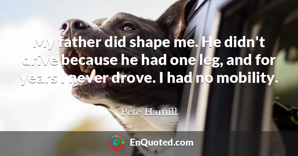 My father did shape me. He didn't drive because he had one leg, and for years I never drove. I had no mobility.