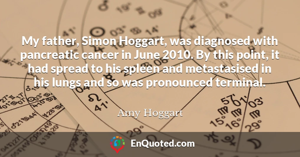 My father, Simon Hoggart, was diagnosed with pancreatic cancer in June 2010. By this point, it had spread to his spleen and metastasised in his lungs and so was pronounced terminal.