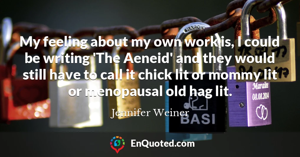 My feeling about my own work is, I could be writing 'The Aeneid' and they would still have to call it chick lit or mommy lit or menopausal old hag lit.