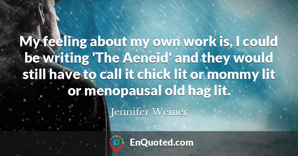 My feeling about my own work is, I could be writing 'The Aeneid' and they would still have to call it chick lit or mommy lit or menopausal old hag lit.