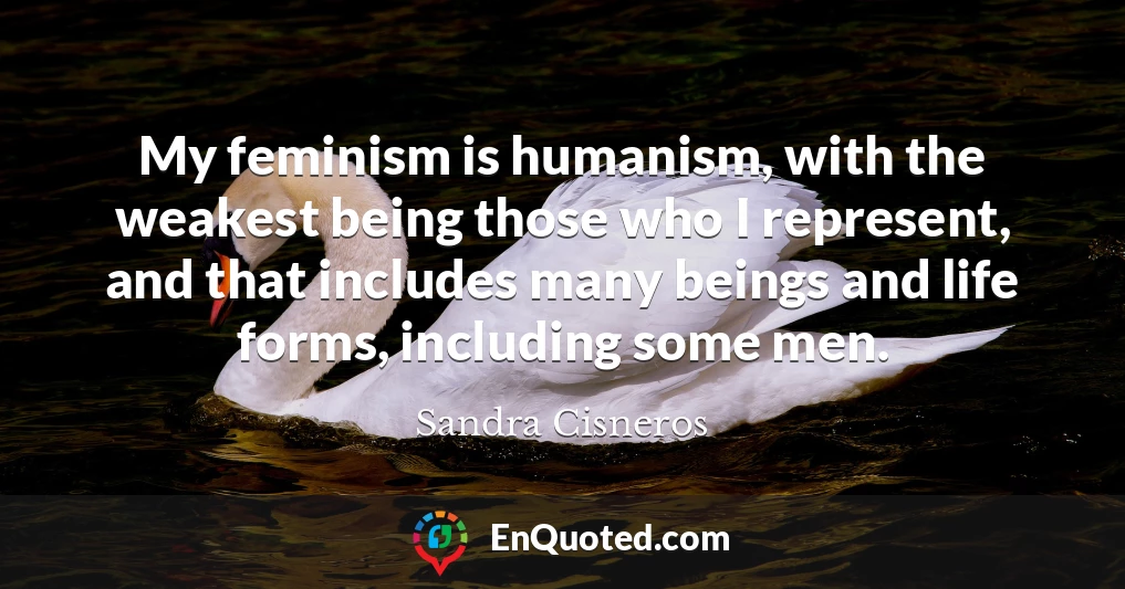 My feminism is humanism, with the weakest being those who I represent, and that includes many beings and life forms, including some men.
