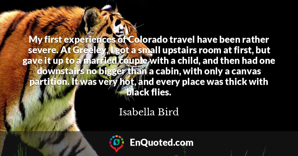 My first experiences of Colorado travel have been rather severe. At Greeley, I got a small upstairs room at first, but gave it up to a married couple with a child, and then had one downstairs no bigger than a cabin, with only a canvas partition. It was very hot, and every place was thick with black flies.
