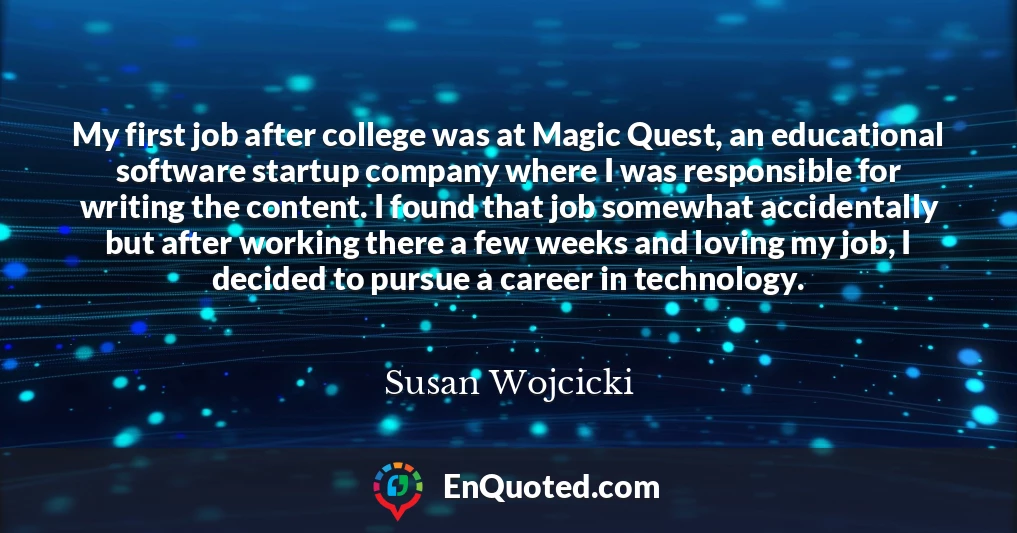 My first job after college was at Magic Quest, an educational software startup company where I was responsible for writing the content. I found that job somewhat accidentally but after working there a few weeks and loving my job, I decided to pursue a career in technology.