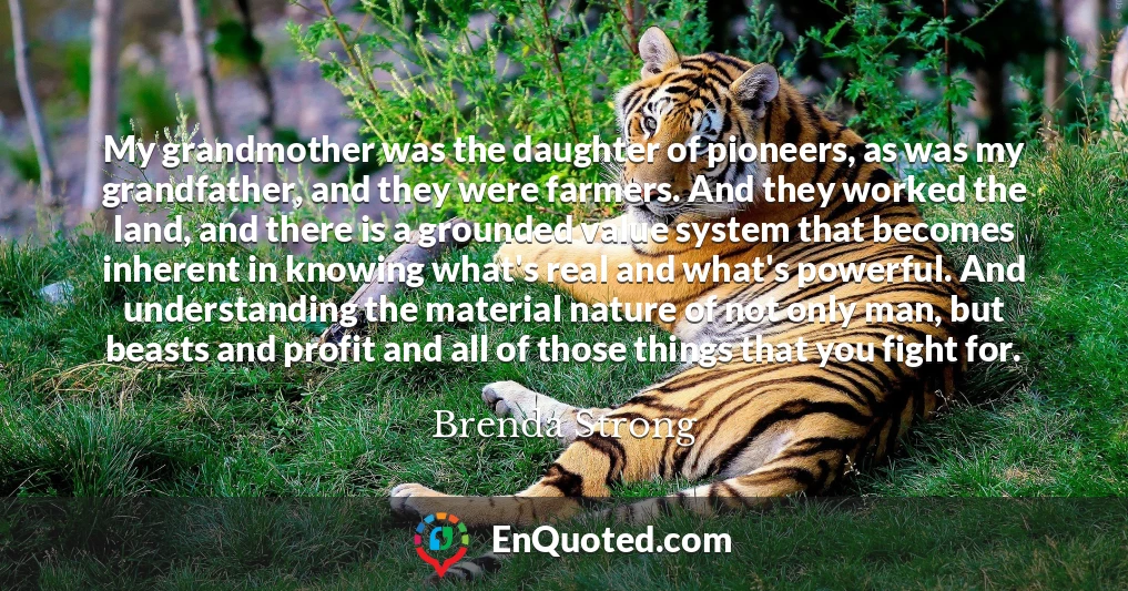 My grandmother was the daughter of pioneers, as was my grandfather, and they were farmers. And they worked the land, and there is a grounded value system that becomes inherent in knowing what's real and what's powerful. And understanding the material nature of not only man, but beasts and profit and all of those things that you fight for.